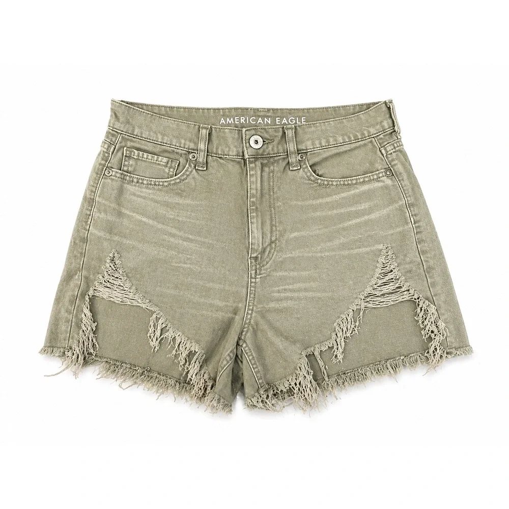 American Eagle Olive Green Distressed Denim‎ Shorts High Rise Cut Off Womens 4